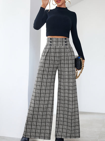 Elegant Black and White Plaid Wide Leg Pants for Women with High Waist Button Front Pleated Tailored Style