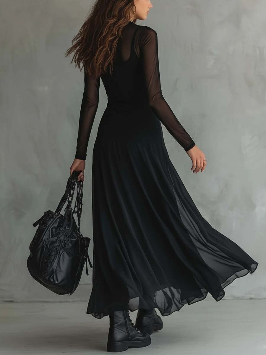 Elegant Black Mesh Maxi Dress for Women with High Neck Long Sleeve Sheer Flowing Style