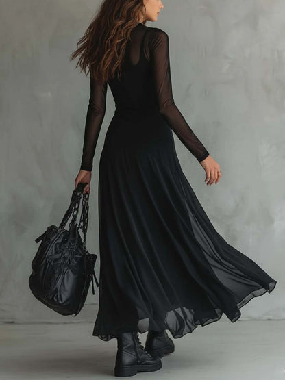 Elegant Black Mesh Maxi Dress for Women with High Neck Long Sleeve Sheer Flowing Style