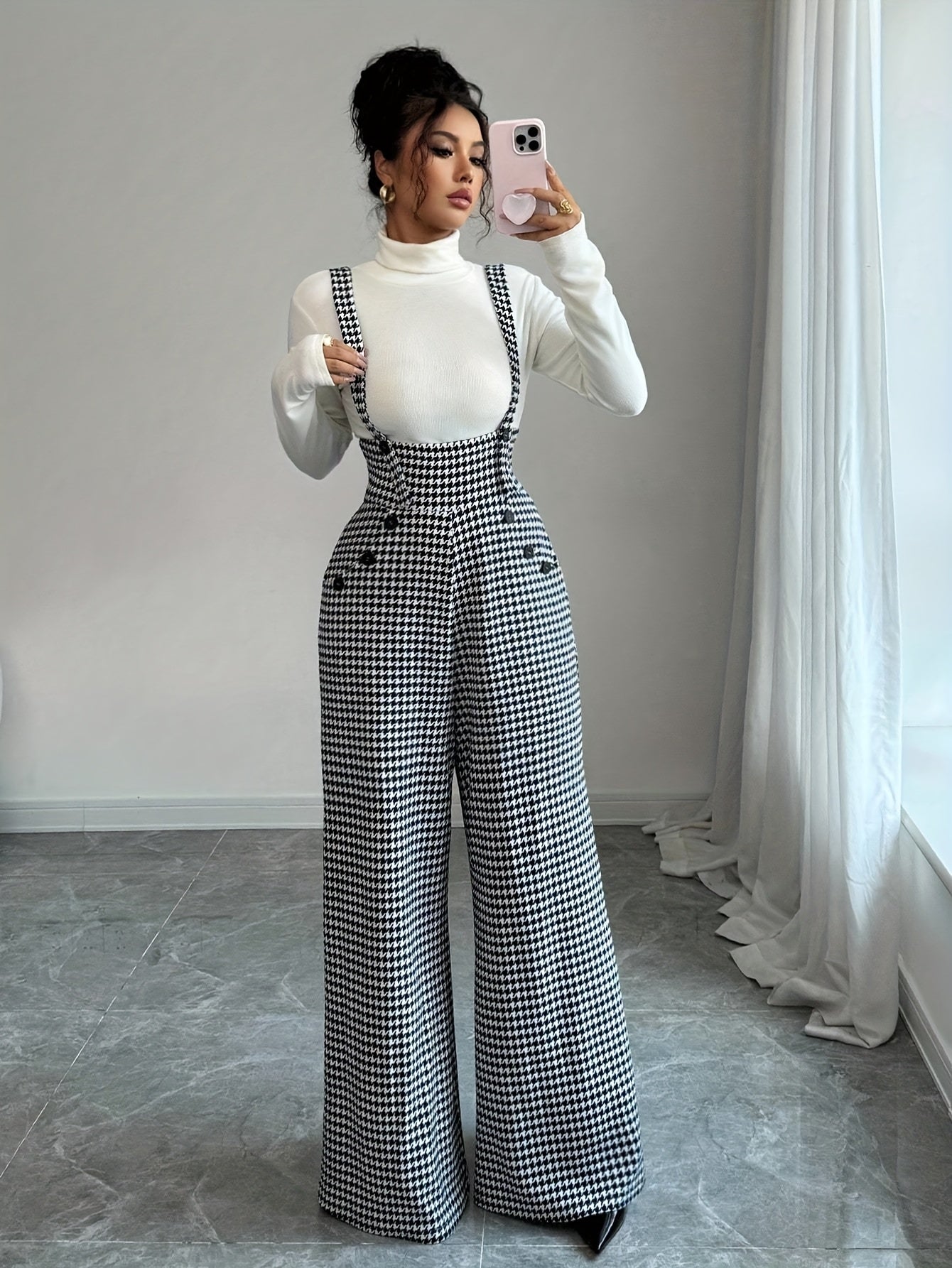 Elegant Houndstooth Wide Leg Jumpsuit for Women with Square Neck Sleeveless Suspender Button Front Relaxed Style