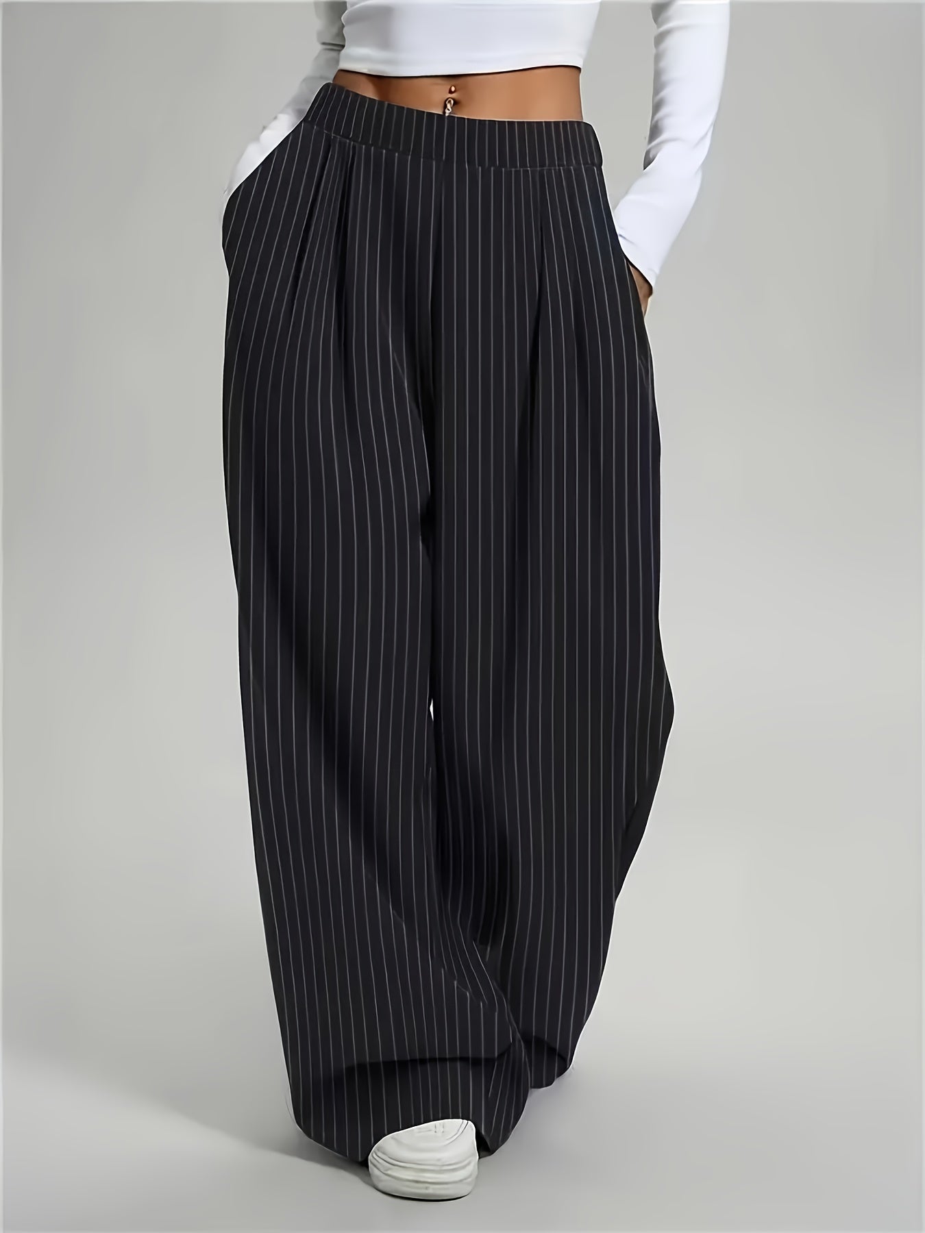 Elegant Black Pinstripe Wide Leg Trousers for Women with High Waist Pleated Relaxed Style