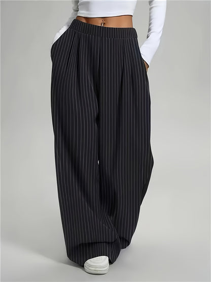 Elegant Black Pinstripe Wide Leg Trousers for Women with High Waist Pleated Relaxed Style