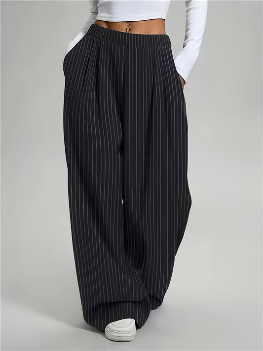 Elegant Black Pinstripe Wide Leg Trousers for Women with High Waist Pleated Relaxed Style
