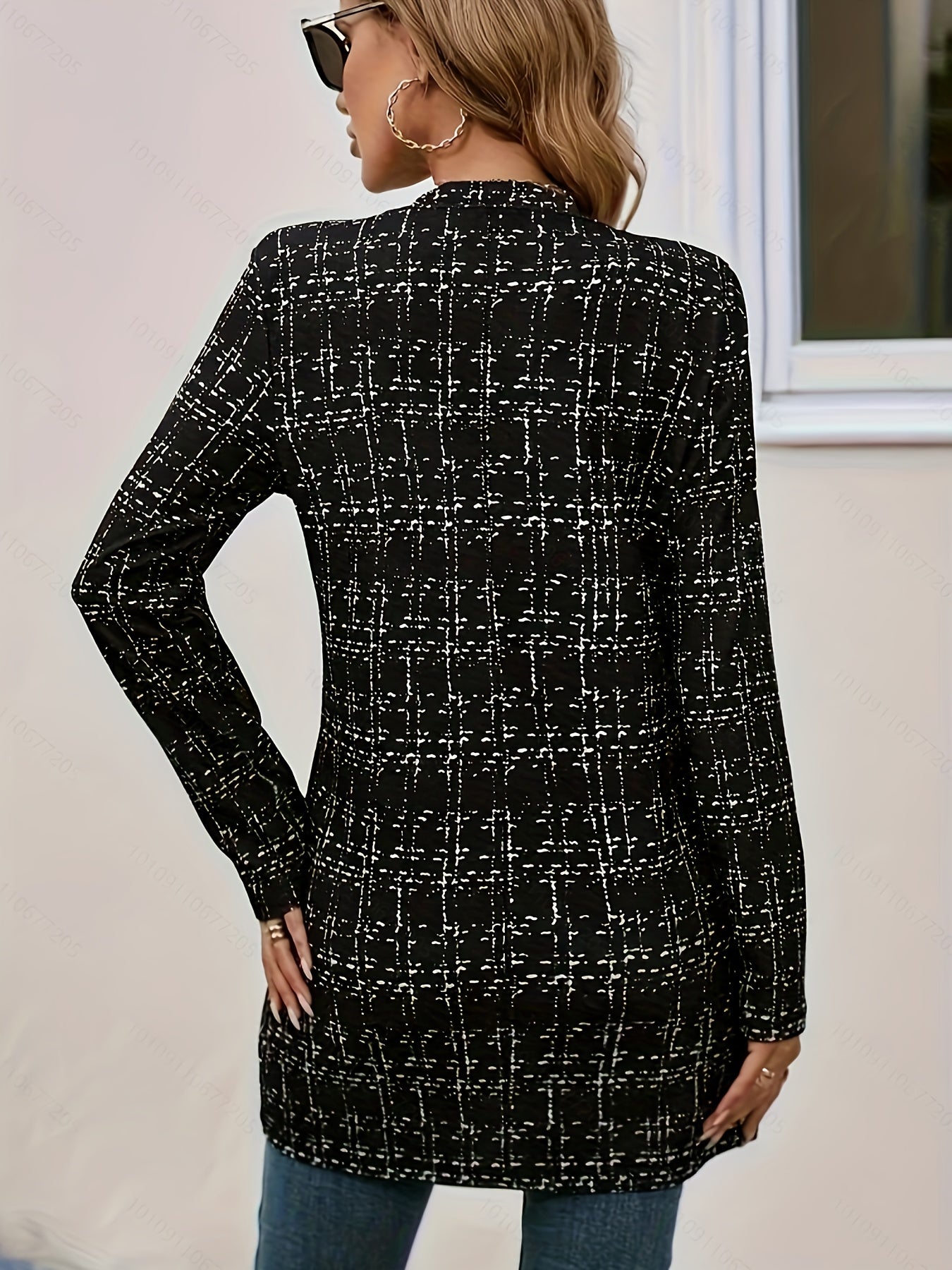 Elegant Black Tweed Blazer for Women with Notched Collar Long Sleeve Open Front Longline Style