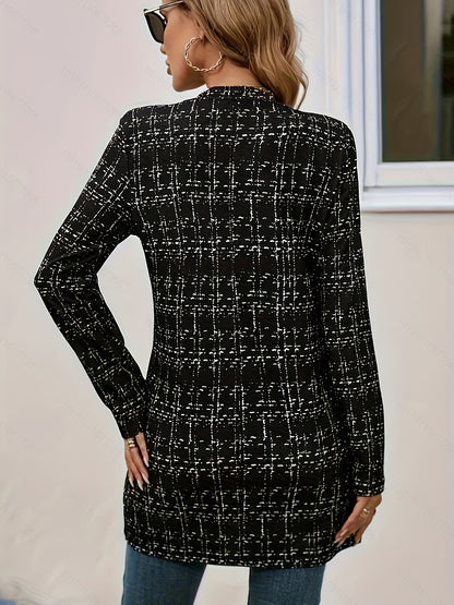 Elegant Black Tweed Blazer for Women with Notched Collar Long Sleeve Open Front Longline Style