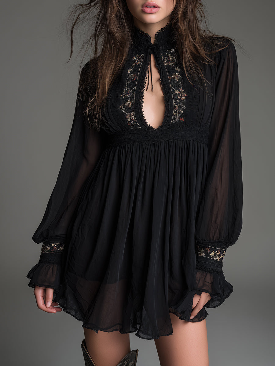 Elegant Black Mini Dress for Women with High Neck Keyhole Sheer Balloon Sleeve Flowing Babydoll Style