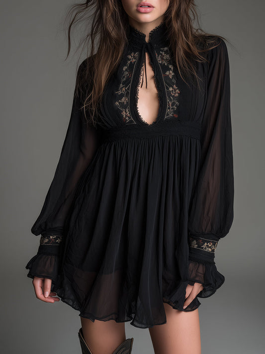 Elegant Black Mini Dress for Women with High Neck Keyhole Sheer Balloon Sleeve Flowing Babydoll Style