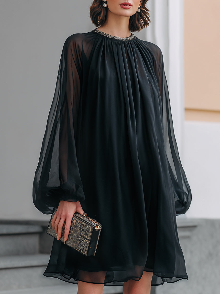 Elegant Black Chiffon Mini Dress for Women with Balloon Sleeve Embellished Neck Flowing Style