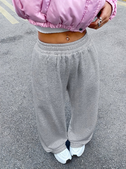 Effortless Light Grey Wide Leg Sweatpants for Women with High Waist Elastic Relaxed Oversized Casual Style