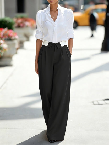 Elegant Wide Leg Trouser Pants for Women with High Waist Pleated Fold Over Waistband Relaxed Style
