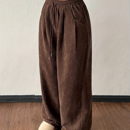 Effortless Dark Brown Corduroy Wide Leg Pants for Women with High Waist Drawstring Relaxed Casual Style