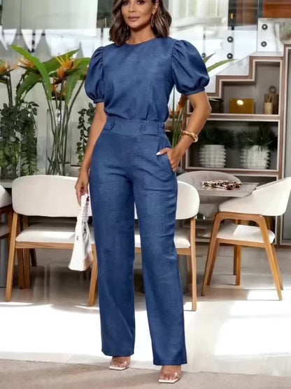 Effortless Royal Blue Textured Two Piece Set for Women with Round Neck Puff Sleeve Elastic Waist Casual Style