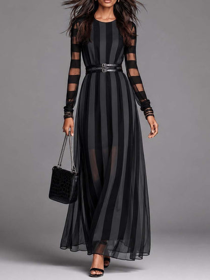 Elegant Black Maxi Dress for Women with Round Neck Long Sleeve Sheer Stripe Belted Formal Style