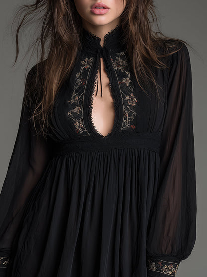 Elegant Black Mini Dress for Women with High Neck Keyhole Sheer Balloon Sleeve Flowing Babydoll Style