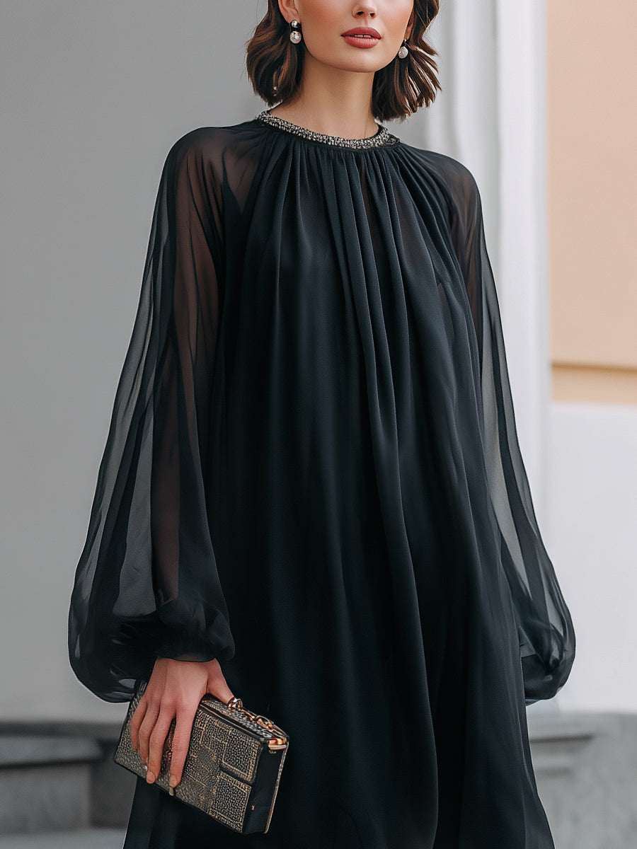 Elegant Black Chiffon Mini Dress for Women with Balloon Sleeve Embellished Neck Flowing Style