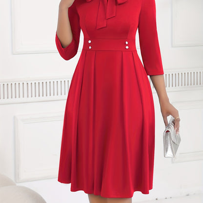 Elegant Knit Midi Dress for Women with Tie Neck Elbow Sleeve Pleated Fit and Flare Style