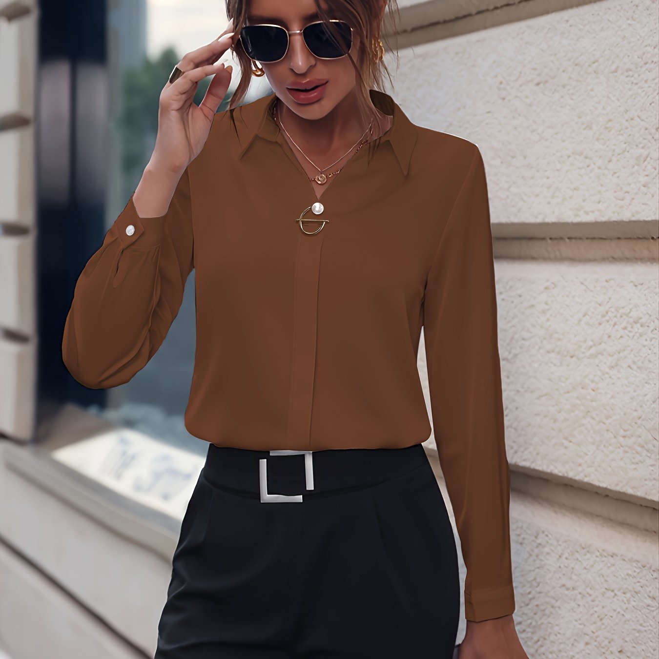 Elegant Long Sleeve Blouse with Pearl Button Details - Slim Fit, Versatile Solid Color Shirt for Women, Perfect for Casual or Office Wear