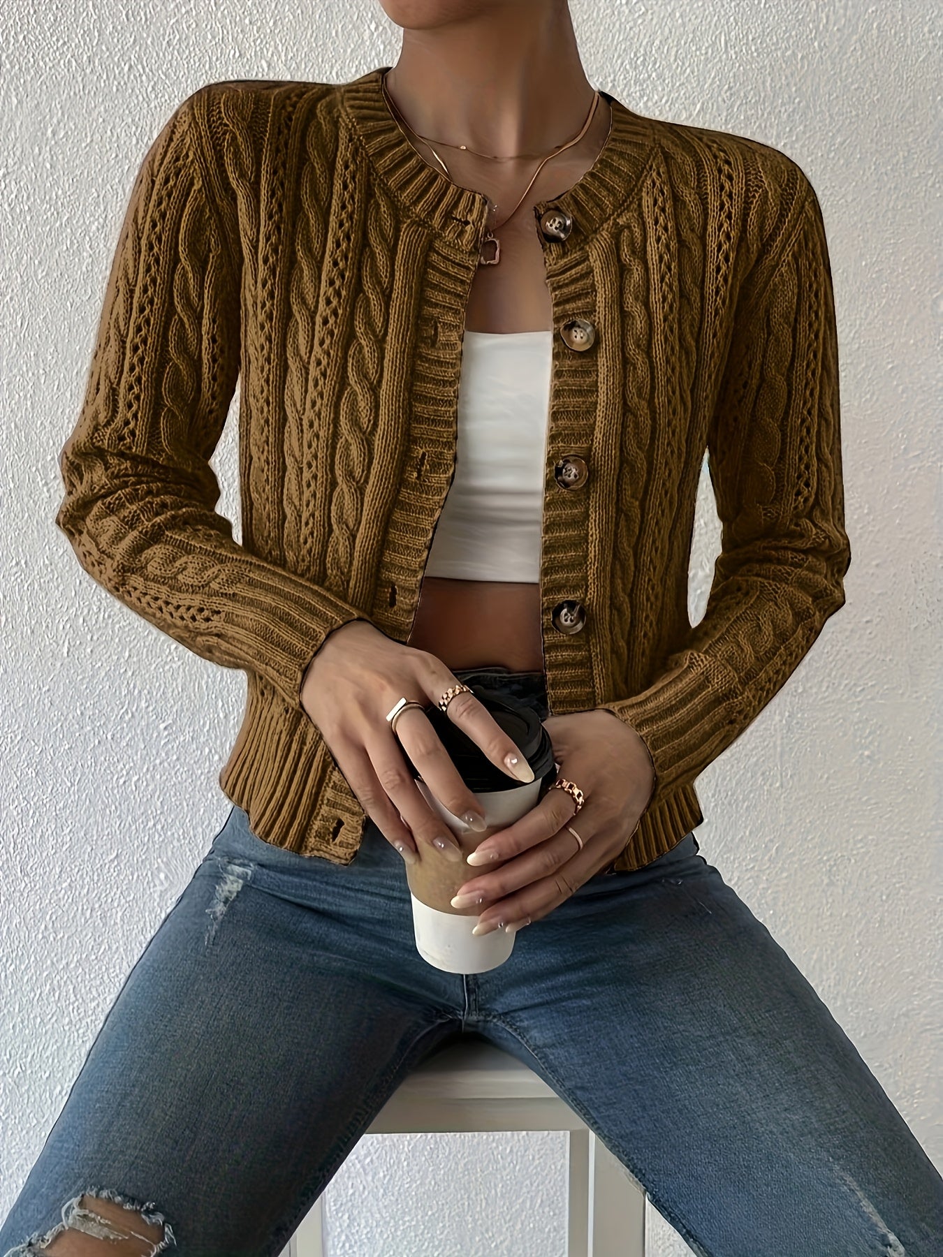 Comfortable Cable Knit Cardigan for Women with Crew Neck Long Sleeve Button Front Cropped Casual Style
