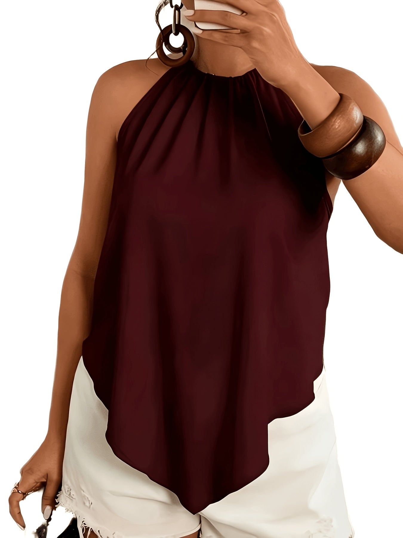 Effortless Chiffon Halter Tank Top for Women with High Neck Sleeveless Ruched Flowing Style