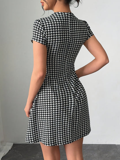 Elegant Black and White Houndstooth Mini Dress for Women with Mock Neck Short Sleeve Fit and Flare Cocktail Style
