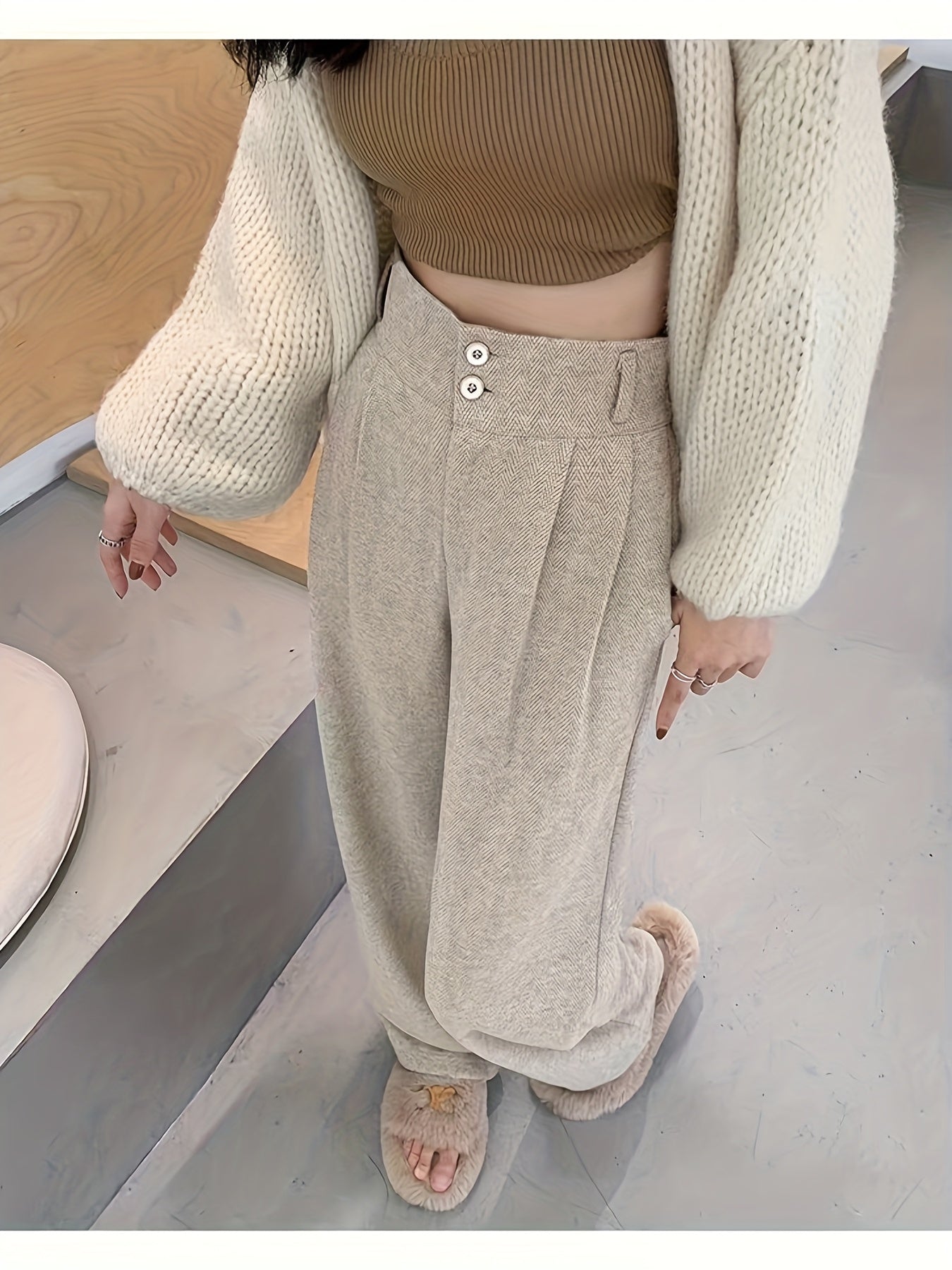 Effortless Herringbone Wide Leg Pants for Women with High Waist Button Front Pleated Tailored Style