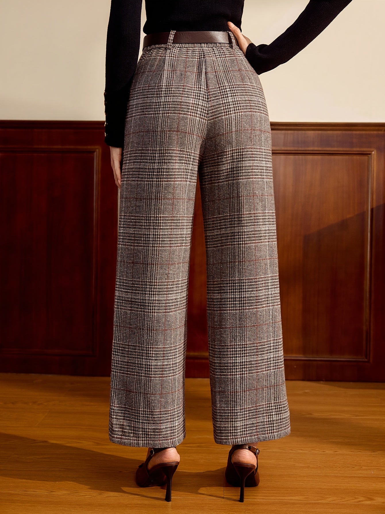 Effortless Lattice Plaid Wide Leg Pants for Women with High Waist Belted Tailored Relaxed Style