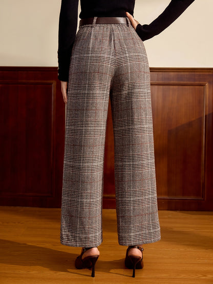 Effortless Lattice Plaid Wide Leg Pants for Women with High Waist Belted Tailored Relaxed Style