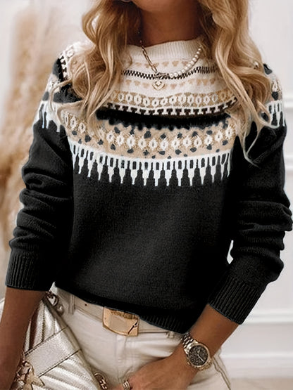 Comfortable Black Fair Isle Sweater for Women with Round Neck Long Sleeve Colorblock Knit Style