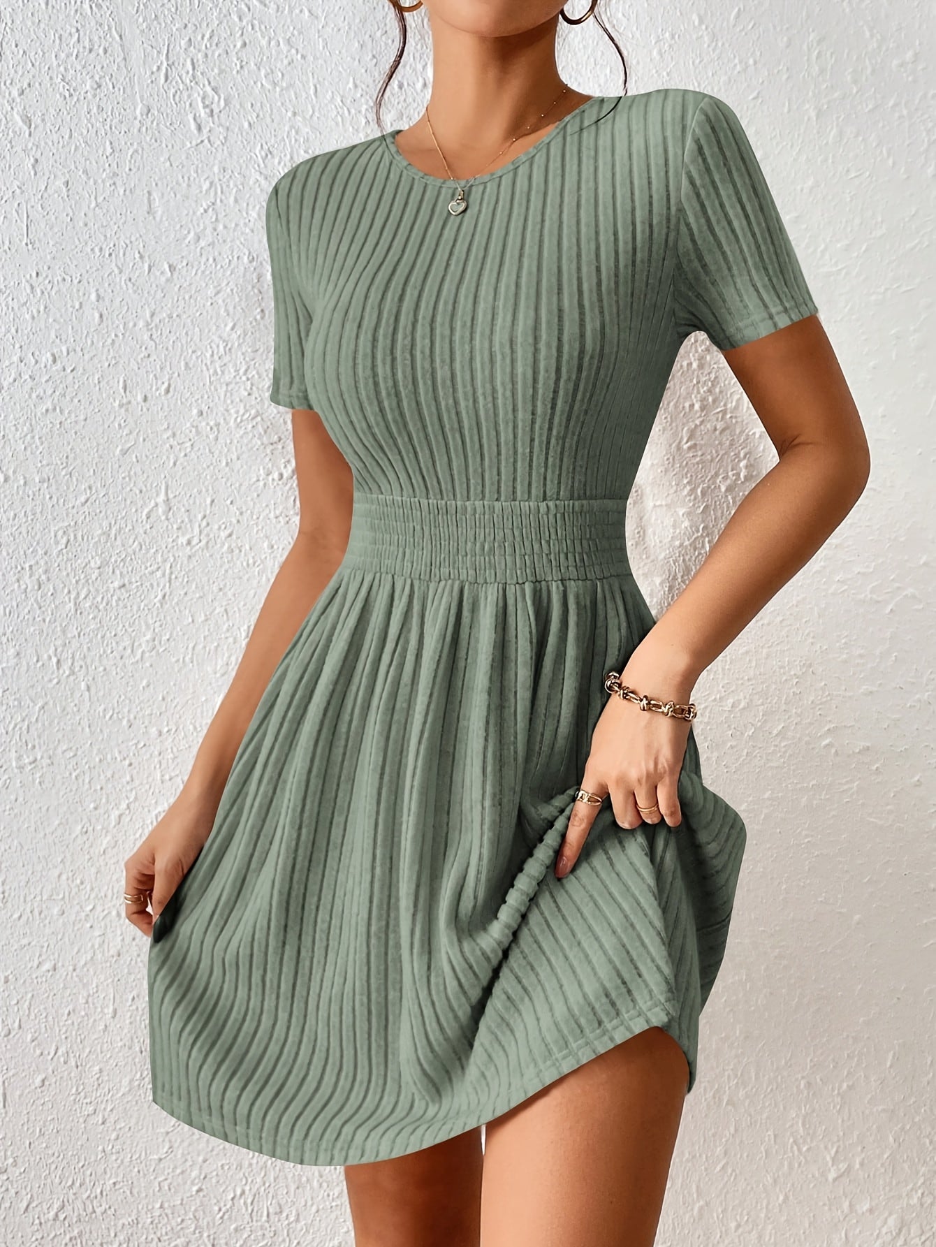 Comfortable Ribbed Knit Mini Dress for Women with Round Neck Short Sleeve Smocked Waist Casual Style