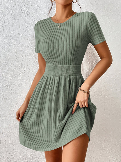 Comfortable Ribbed Knit Mini Dress for Women with Round Neck Short Sleeve Smocked Waist Casual Style