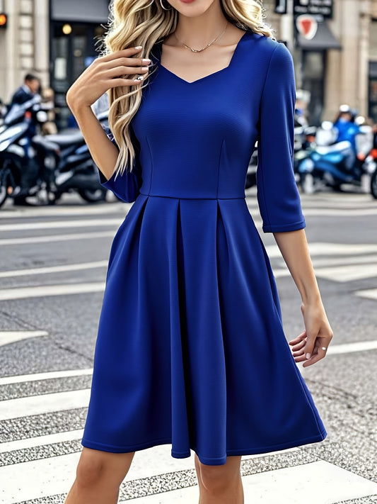 Elegant Royal Blue Midi Dress for Women with Sweetheart Neck Elbow Sleeve Pleated Fit and Flare Style