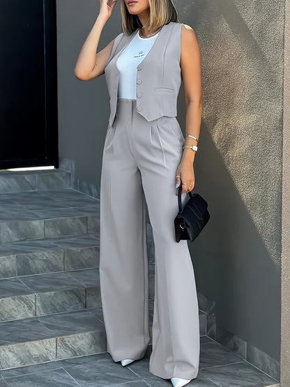 Elegant Silvery Grey Wide Leg Set for Women with V Neck Sleeveless Button Front Tailored Two Piece Style