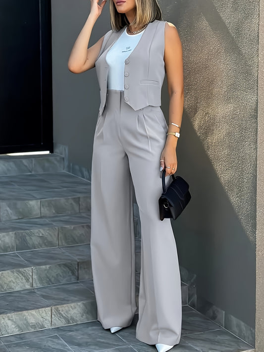 Elegant Silvery Grey Wide Leg Set for Women with V Neck Sleeveless Button Front Tailored Two Piece Style