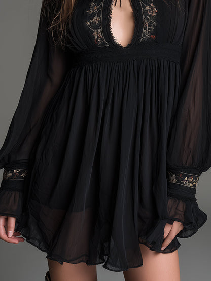Elegant Black Mini Dress for Women with High Neck Keyhole Sheer Balloon Sleeve Flowing Babydoll Style