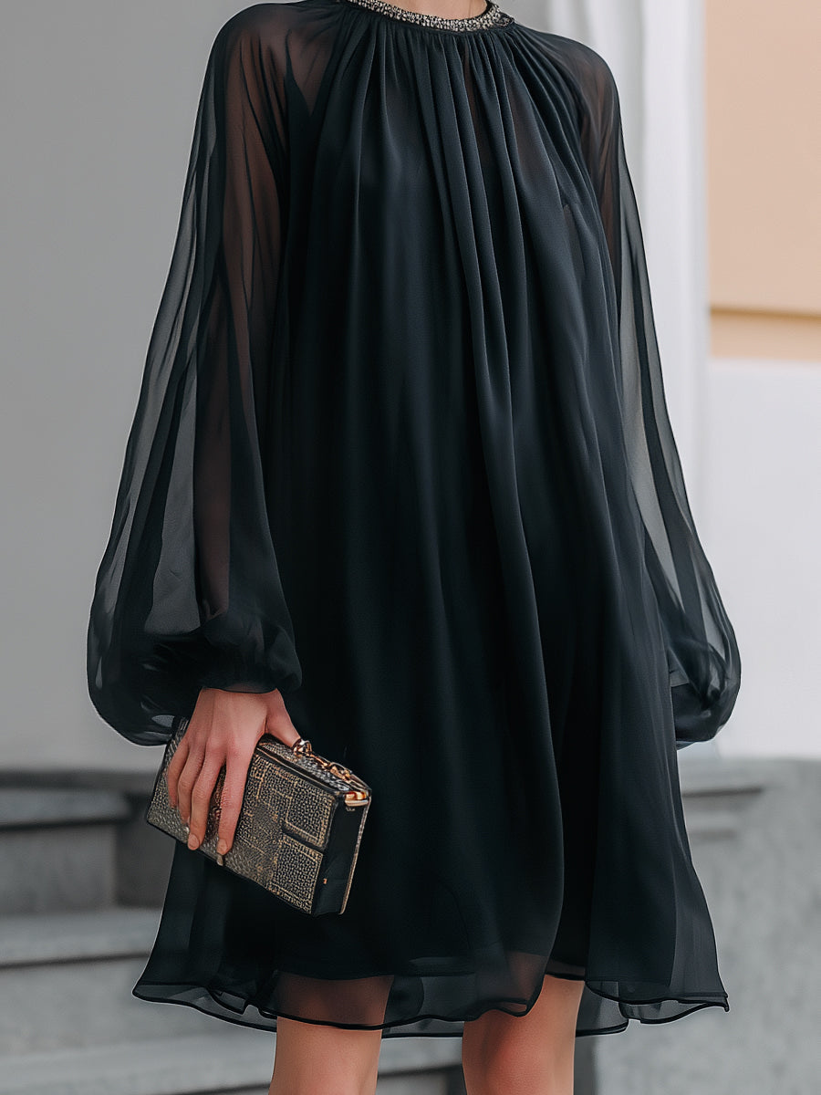 Elegant Black Chiffon Mini Dress for Women with Balloon Sleeve Embellished Neck Flowing Style