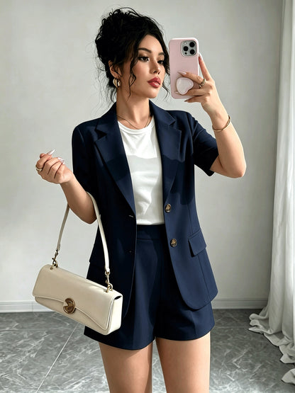Elegant Tailored Blazer Two Piece Set for Women with Notch Lapel Short Sleeve Button Front Shorts Style
