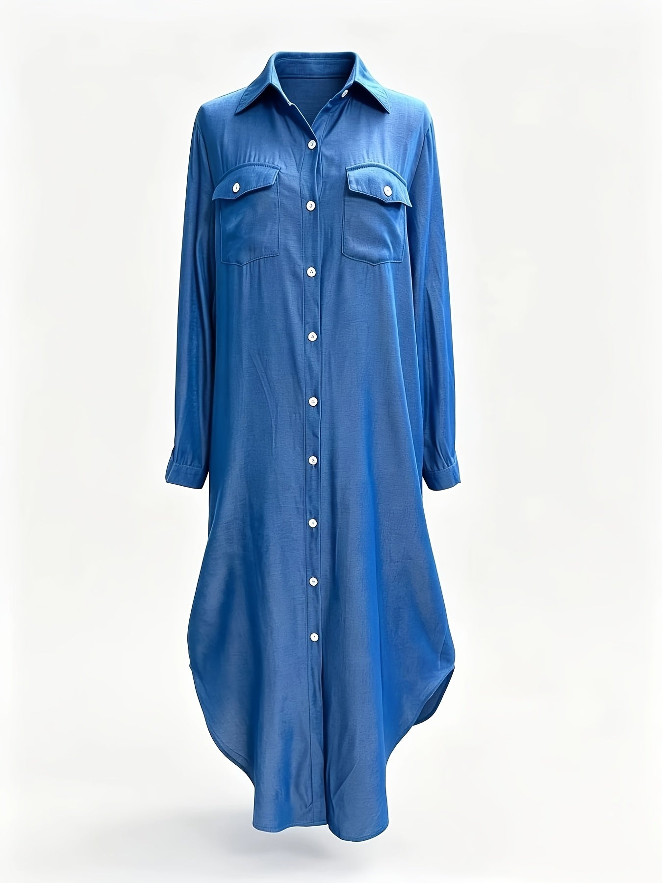 Elegant Blue Denim Shirt Maxi Dress for Women with Collar Long Sleeve Button Front High Low Style