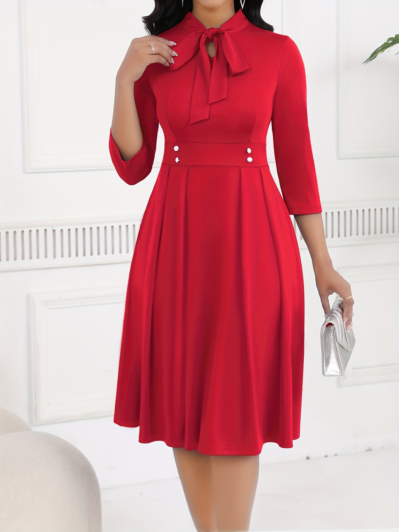 Elegant Knit Midi Dress for Women with Tie Neck Elbow Sleeve Pleated Fit and Flare Style