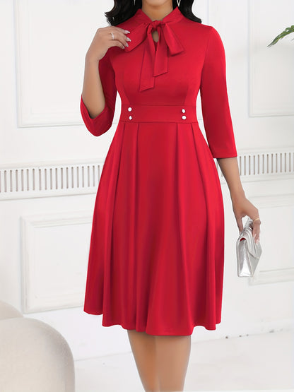 Elegant Knit Midi Dress for Women with Tie Neck Elbow Sleeve Pleated Fit and Flare Style