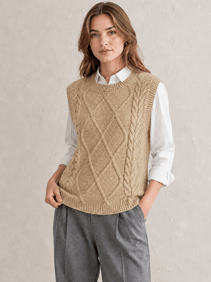 Comfortable Cable Knit Sweater Vest for Women with Crew Neck Sleeveless Relaxed Oversized Casual Style