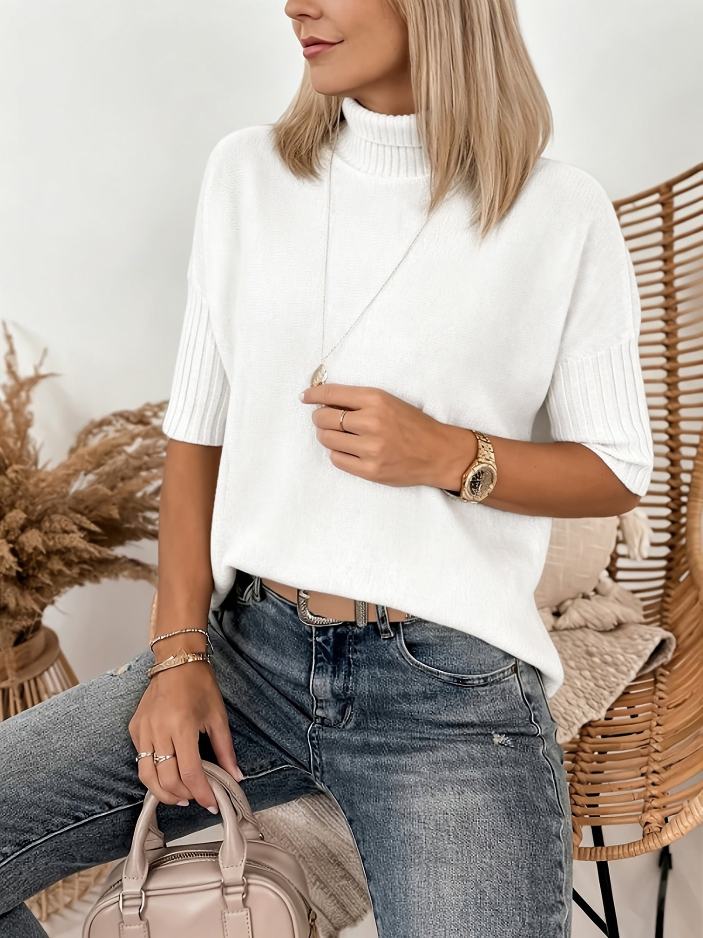 Comfortable Ribbed Sweater for Women with Turtleneck Short Sleeve Relaxed Oversized Knit Style