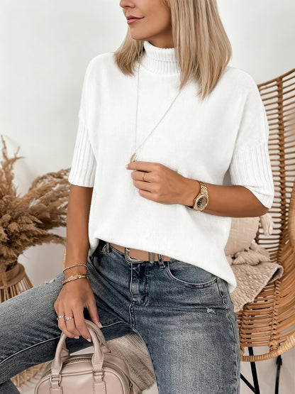 Comfortable Ribbed Sweater for Women with Turtleneck Short Sleeve Relaxed Oversized Knit Style