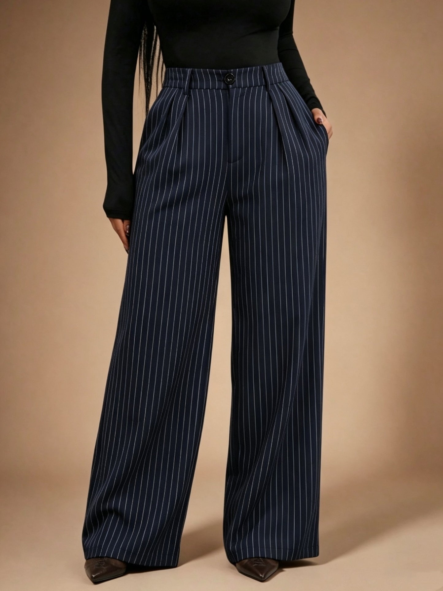 Effortless Navy Pinstripe Wide Leg Pants for Women with High Waist Pleated Front Tailored Relaxed Style
