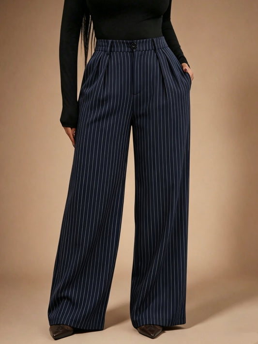 Effortless Navy Pinstripe Wide Leg Pants for Women with High Waist Pleated Front Tailored Relaxed Style