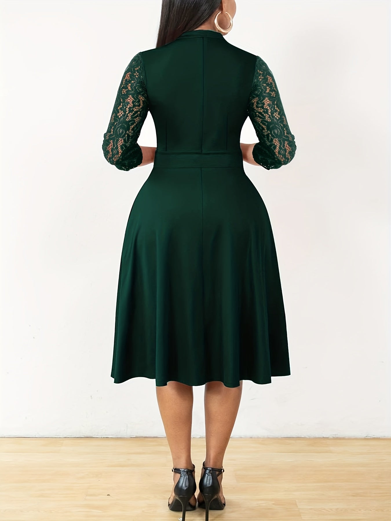 Elegant Lace Sleeve Midi Dress for Women with Notched Neck Three Quarter Sleeve Fit and Flare Cocktail Style