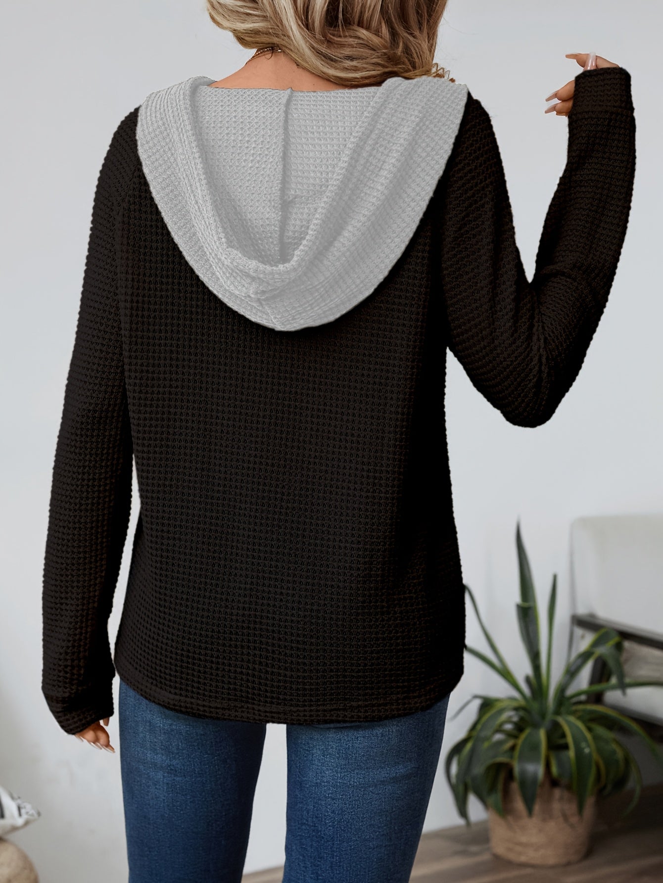 Comfortable Waffle Knit Henley Top for Women with Hooded Drawstring Long Sleeve Oversized Knit Style