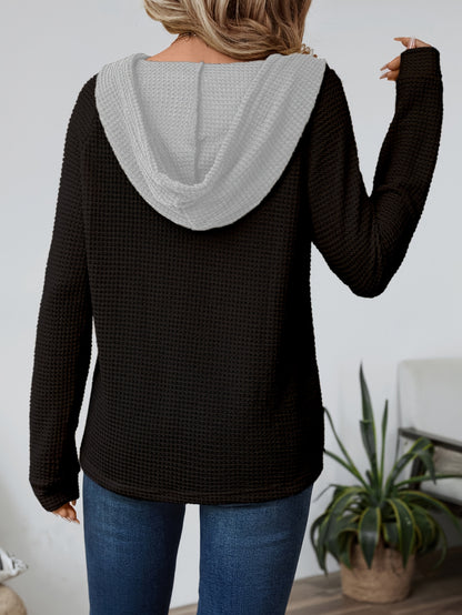 Comfortable Waffle Knit Henley Top for Women with Hooded Drawstring Long Sleeve Oversized Knit Style