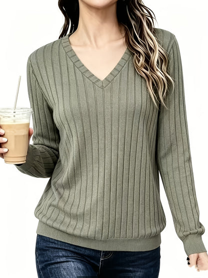 Comfortable Ribbed Knit Sweater for Women with V Neck Long Sleeve Relaxed Casual Style