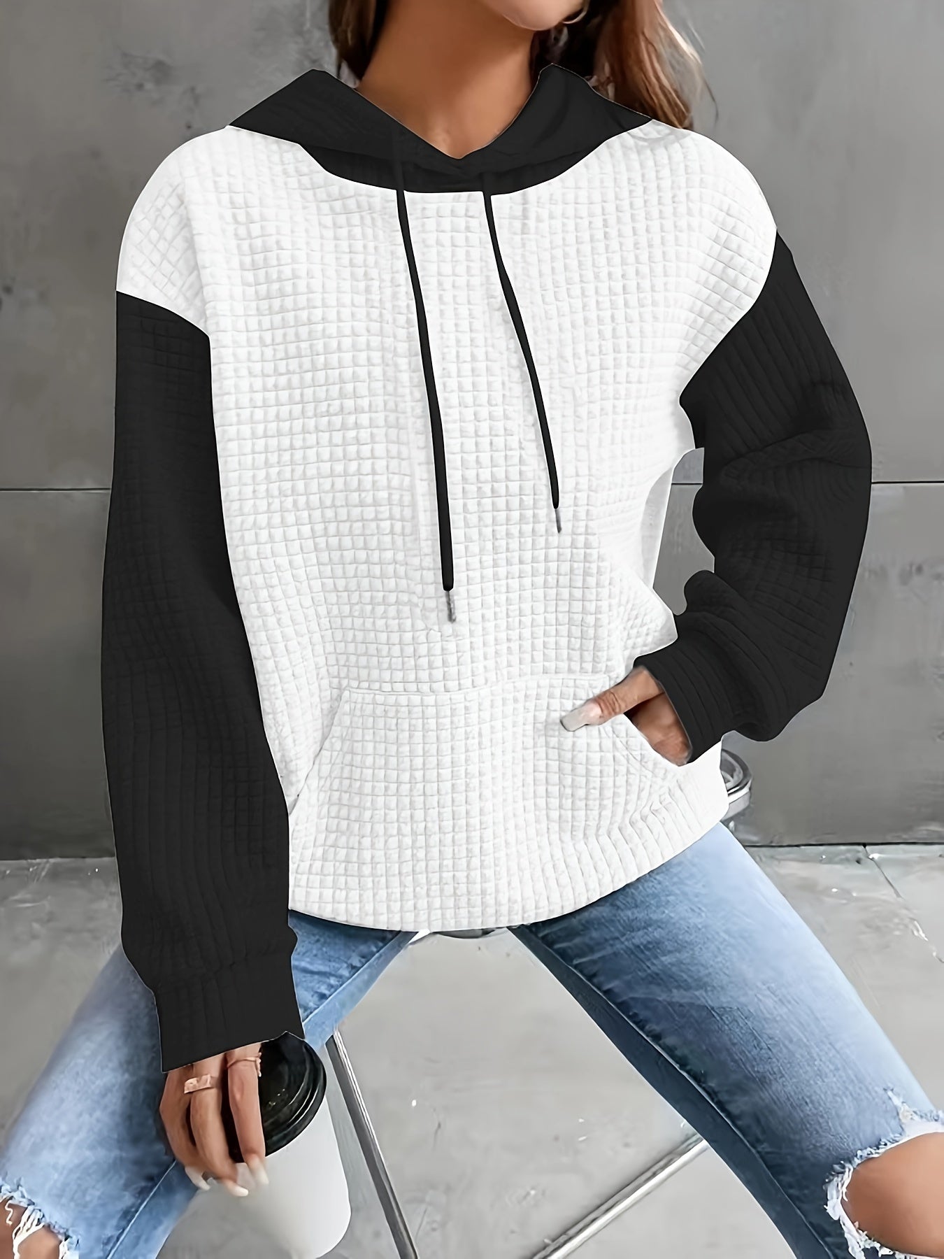 Women's Casual Waffle- Color-Block Hooded Sweatshirt - Relaxed Fit Long Sleeve Pullover with Drawstring Hood, Machine Washable Autumn Winter Fashion Top, Cute Sweatshirts, Autumn Apparel, Soft Fabric, Everyday Outfit, Waffle Design, Breathable Material, C