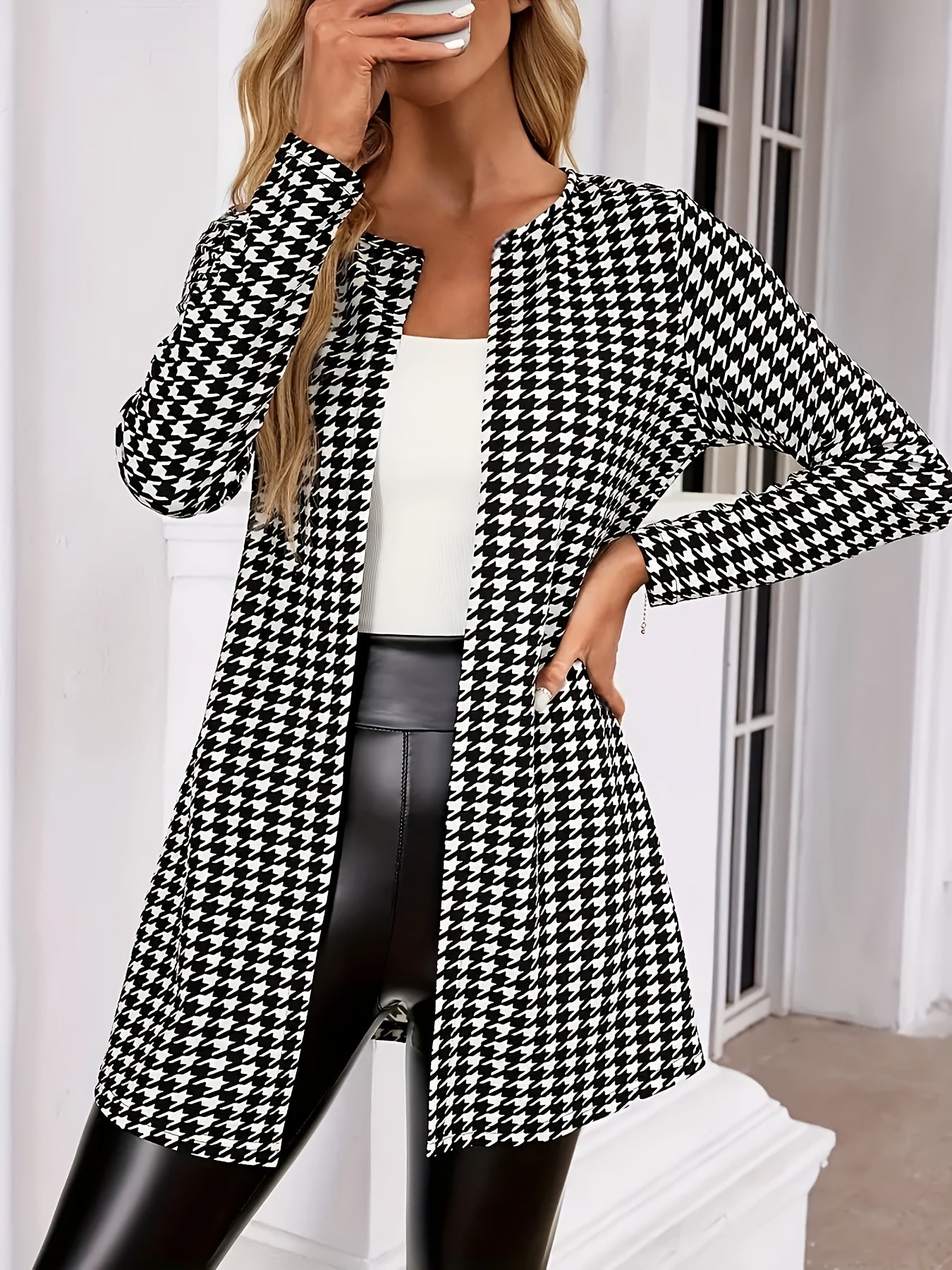 Elegant Houndstooth Longline Cardigan for Women with Open Front Long Sleeve Relaxed Knit Style
